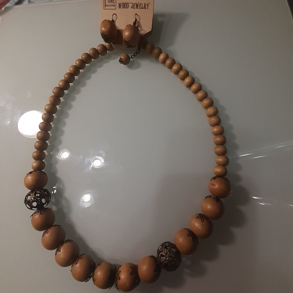 Plus One Collection Wood Necklace and Earrings Set